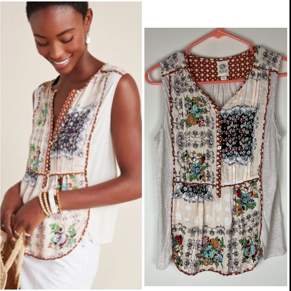 Anthropologie Cream Floral Patchwork Sleeveless Tank with Rust Trim